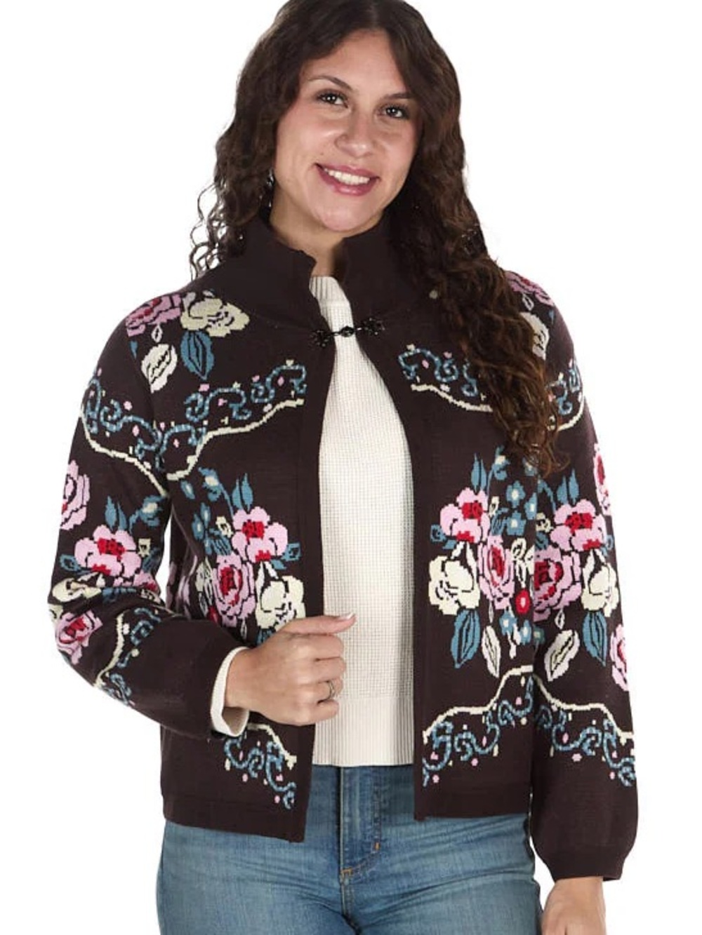 THML NWT Women’s Brown Boutique Boho Floral Knit Hadleigh Cardigan Sz S PTP 20”